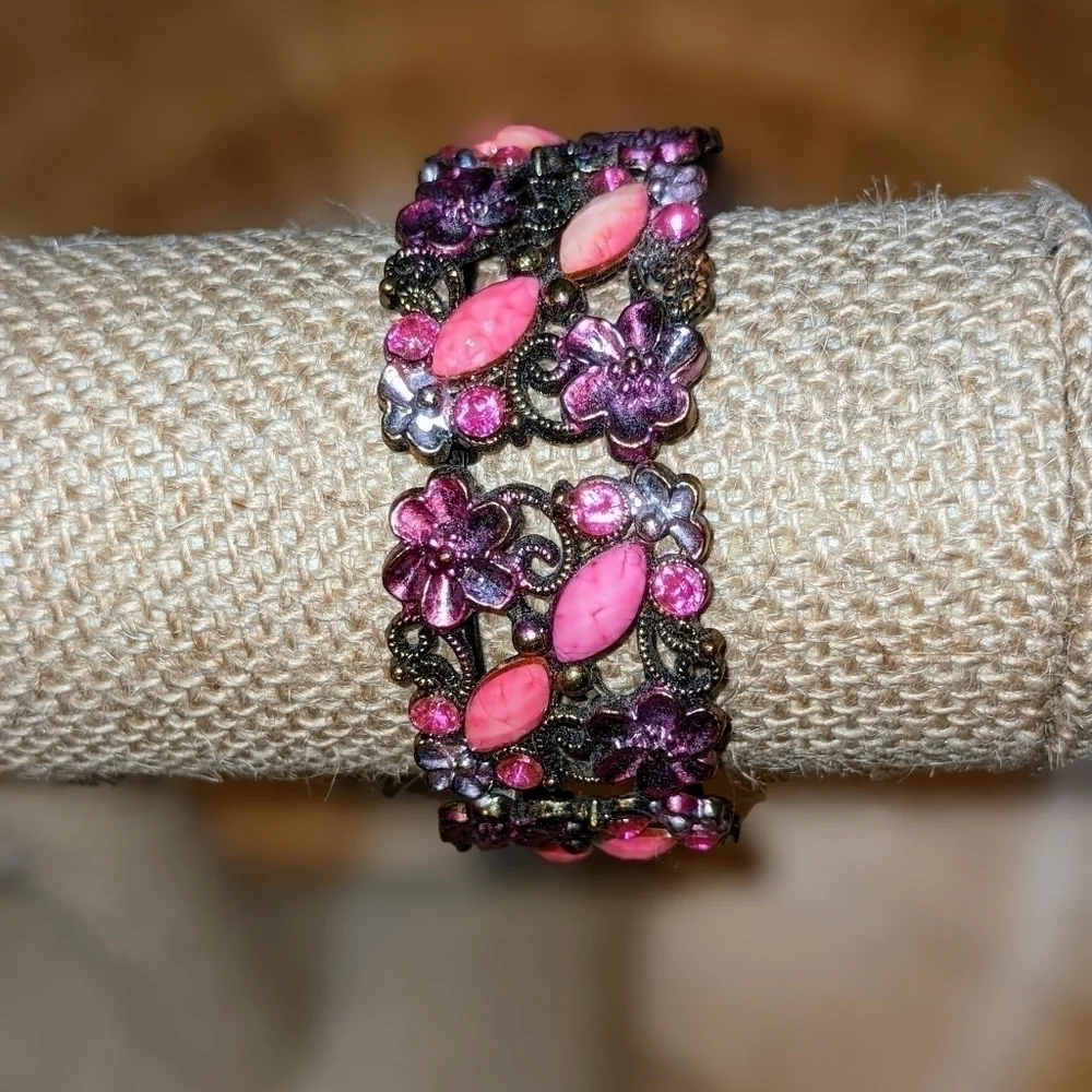 Vintage Pink Metal Floral Hinged Bracelet
